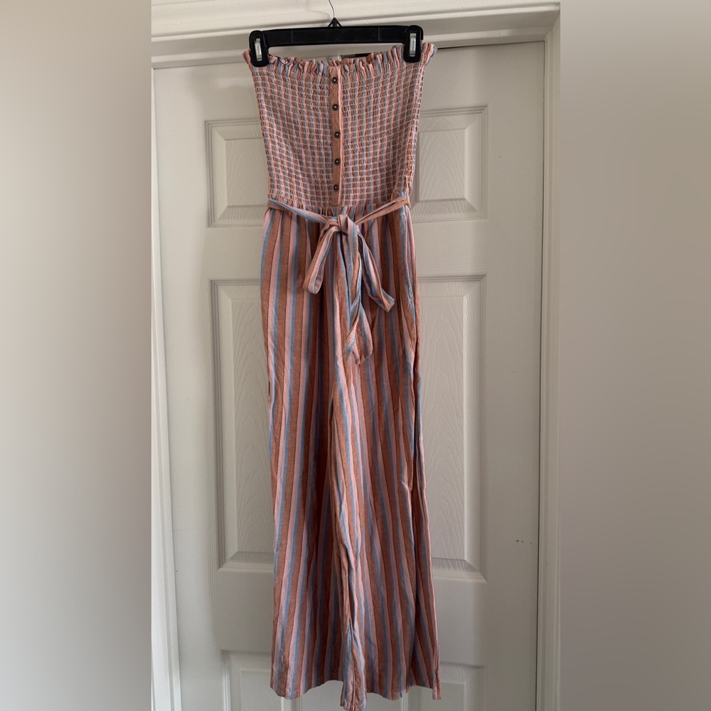 Billabong Peach, Blue & Brown Striped Smocked Top